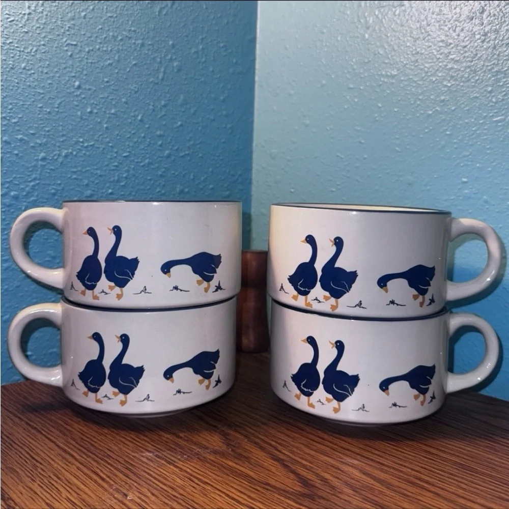Vintage 80s Blue Goose Stacking Soup Mugs | Set of 4 - Picture 1 of 12